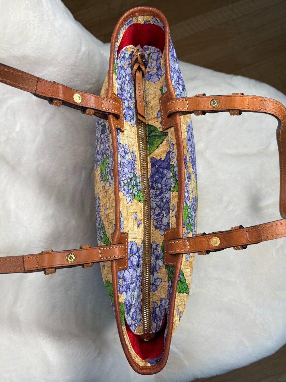 Dooney & Bourke Purple Hydrangea With Yellow Basketweave Design Shopper Tote Bag - Picture 9 of 16